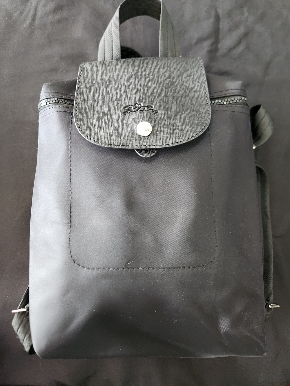 Longchamp Black Nylon Backpack with Fold-Over Flap